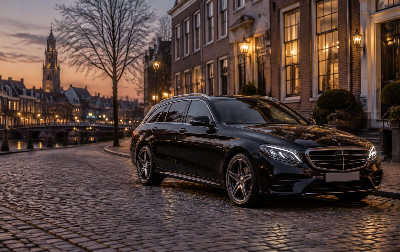 Mercedes personenauto in een Europese binnenstad (voorbeeldfoto)